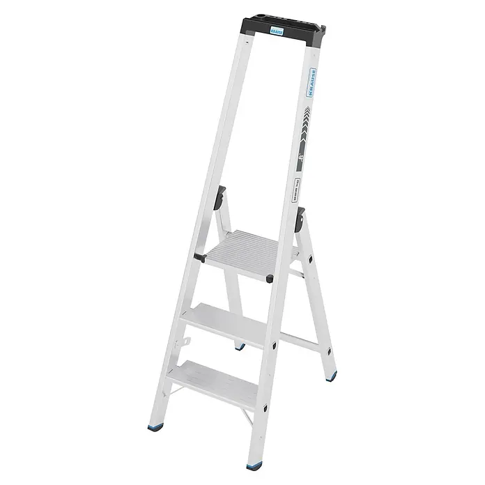 Krause Stehleiter XL 1x3 - Anzahl Tritte: 3 Stk., Arbeitshöhe: 160 cm, Belastbarkeit: 225 kg, Aluminium - Silberne Aluminium-Klappleiter mit drei Stufen, schwarzer Ablage und blauen Antirutschfüßen, tragfähig bis 225 kg.