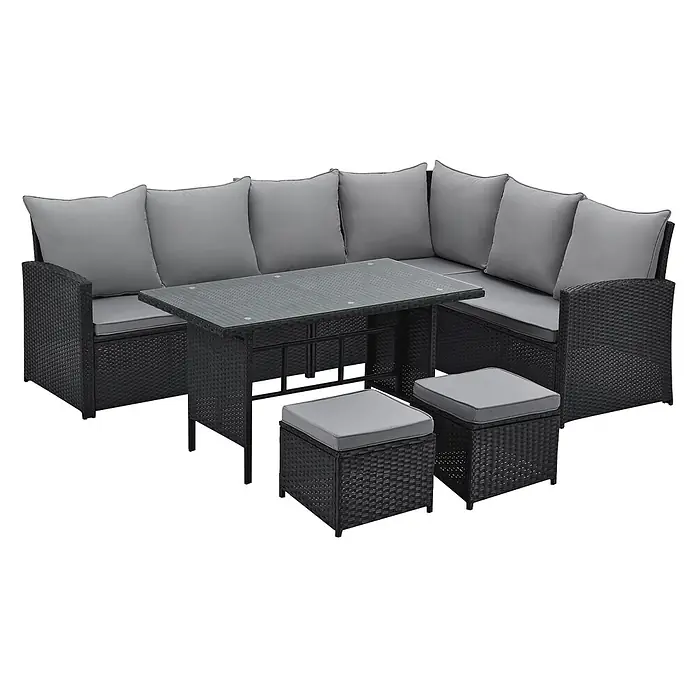 SVITA Loungemöbel-Set MONROE - 4 -tlg., Polyrattan, Schwarz - Schwarze Rattan-Ecksofa-Garnitur mit grauen Kissen, einem Glastisch und zwei Hockern.