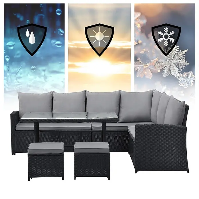 SVITA Loungemöbel-Set MONROE - 4 -tlg., Polyrattan, Schwarz - Schwarzes Rattan-Gartenmöbelset mit grauen Kissen, wetterfest.