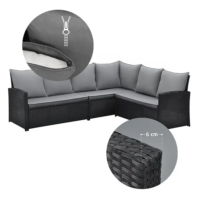SVITA Loungemöbel-Set MONROE - 4 -tlg., Polyrattan, Schwarz - Schwarzes Rattan-Ecksofa mit grauen Kissen. Die Kissen haben Reißverschlüsse für abnehmbare Bezüge und sind 6 cm dick.