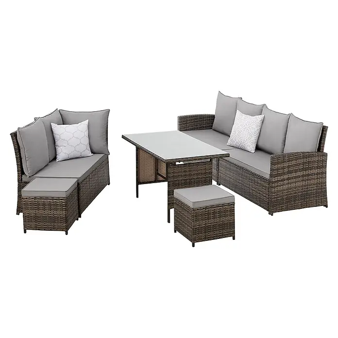 SVITA Loungemöbel-Set MONROE - 4 -tlg., Polyrattan, Braun - Braunes Rattan-Gartenmöbel-Set mit grauen Kissen, Glasplatte und Hockern.