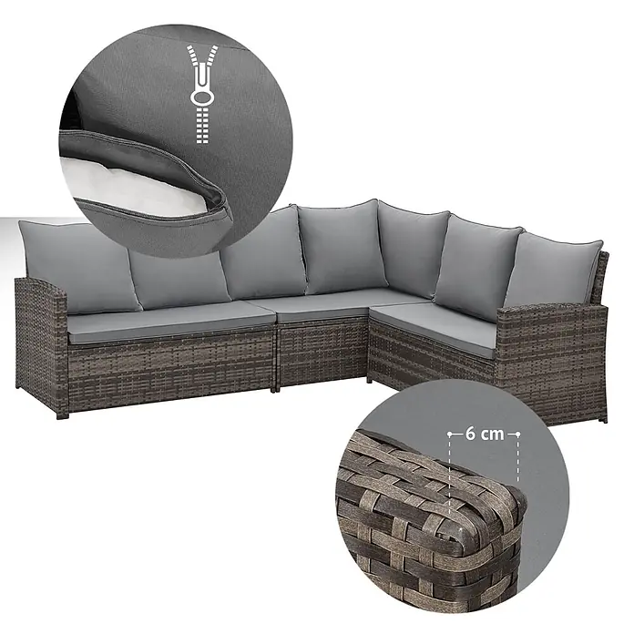SVITA Loungemöbel-Set MONROE - 4 -tlg., Polyrattan, Braun - L-förmiges Outdoor-Rattansofa mit grauen Kissen. Detailansichten zeigen einen Kissenreißverschluss und 6 cm Rattan-Dicke.