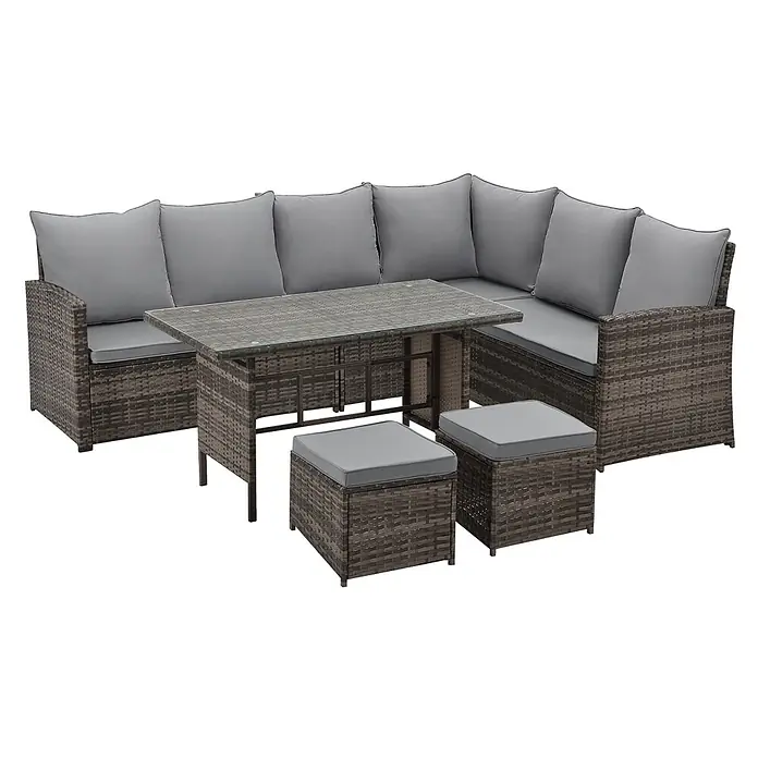 SVITA Loungemöbel-Set MONROE - 4 -tlg., Polyrattan, Braun - Braunes Rattan-Ecksofa-Set mit grauen Kissen, einem Tisch mit Glasplatte und zwei passenden Hockern.