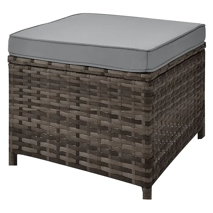 SVITA Loungemöbel-Set MONROE - 4 -tlg., Polyrattan, Braun - Quadratischer, dunkelbrauner Rattan-Ottoman für den Außenbereich mit hellgrauem Kissen.