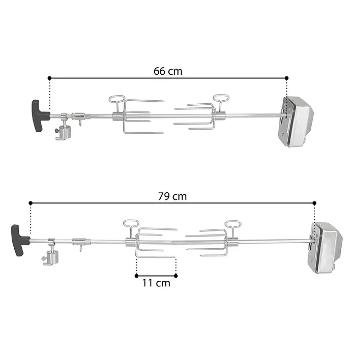 TAINO Drehspieß - Länge: 84,5 cm, Passend für: TAINO PLATINUM 2+1 und 3+1 sowie TAINO BLACK 2+1 und 3+1 - Silberfarbenes Metall-Drehspieß-Set mit zwei Fleischgabeln, Griff und Motoranschluss. Abmessungen für verschiedene Längen angezeigt.