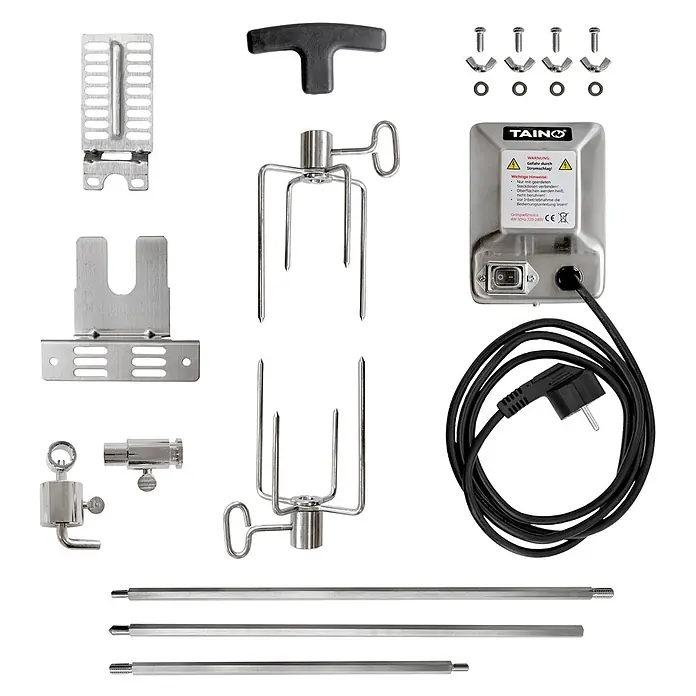 TAINO Drehspieß - Länge: 84,5 cm, Passend für: TAINO PLATINUM 2+1 und 3+1 sowie TAINO BLACK 2+1 und 3+1 - Edelstahl-Drehspieß-Set für Grills, mit Motor, Spießen, Gabeln, Halterungen und Griff.