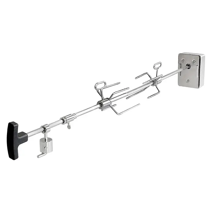 TAINO Drehspieß - Länge: 84,5 cm, Passend für: TAINO PLATINUM 2+1 und 3+1 sowie TAINO BLACK 2+1 und 3+1 - Drehspieß-Set aus Edelstahl mit zwei vierzackigen Fleischgabeln, T-Griff, verstellbarem Gegengewicht und quadratischem Motoranschluss.