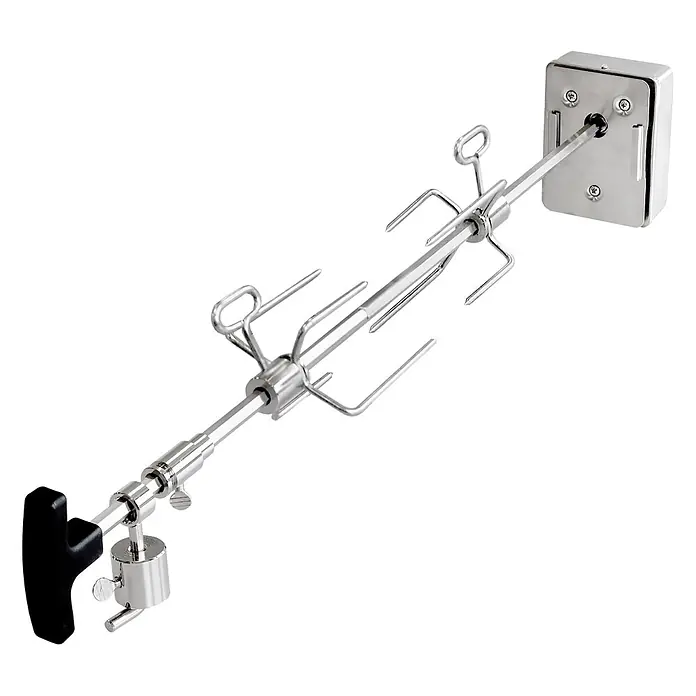 TAINO Drehspieß - Länge: 84,5 cm, Passend für: TAINO PLATINUM 2+1 und 3+1 sowie TAINO BLACK 2+1 und 3+1 - Edelstahl-Rotisseriespieß-Set mit Vierkantstange, zwei Fleischgabeln, Gegengewicht und schwarzem Griff zum Grillen.