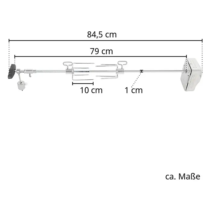 TAINO Drehspieß - Länge: 84,5 cm, Passend für: TAINO PLATINUM 2+1 und 3+1 sowie TAINO BLACK 2+1 und 3+1 - Metallischer Drehspieß mit zwei Fleischgabeln, Gegengewicht und Vierkantantrieb, bemaßt dargestellt.