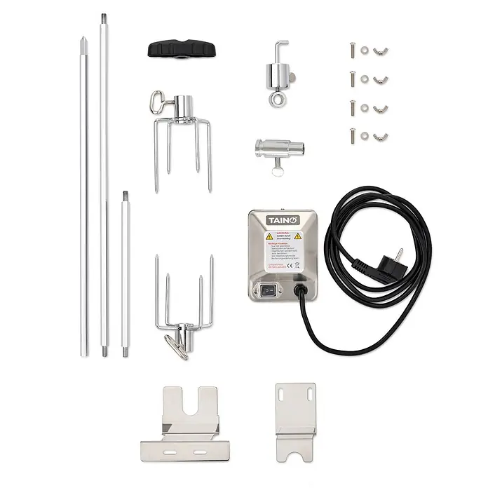 TAINO Drehspieß - Länge: 84,5 cm, Passend für: TAINO PLATINUM 2+1 und 3+1 sowie TAINO BLACK 2+1 und 3+1 - Edelstahl-Drehspieß-Set mit Motor, Spießstangen, Fleischgabeln, Griff und Befestigungszubehör zum Grillen.