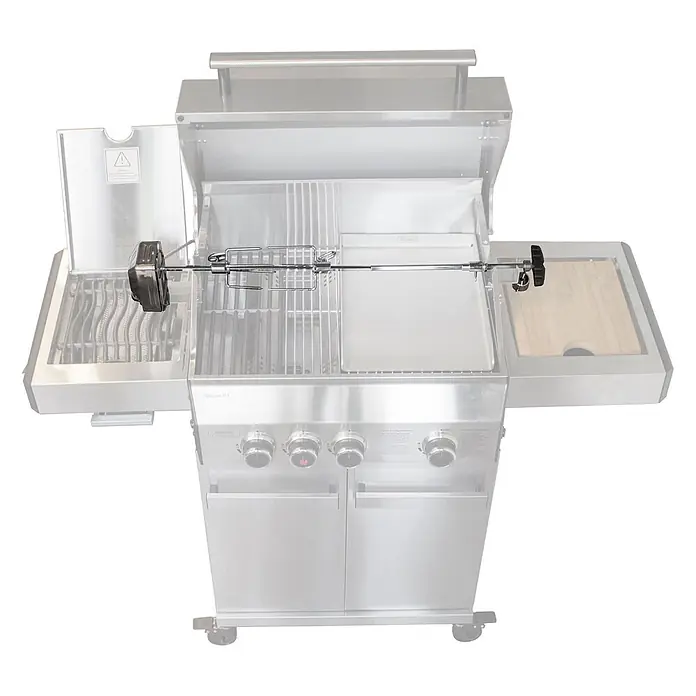 TAINO Drehspieß - Länge: 84,5 cm, Passend für: TAINO PLATINUM 2+1 und 3+1 sowie TAINO BLACK 2+1 und 3+1 - Edelstahl-Rotisserie-Set mit schwarzem Motor und Griff, zum Grillen.