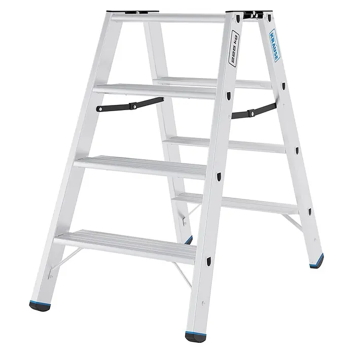 Krause Doppel-Klapptritt 2X4 Stufen - Anzahl Tritte: 8 Stk., Belastbarkeit: 225 kg, Aluminium - Silberne Aluminium-Klappleiter mit breiten Stufen, schwarzen Stabilisierungsstangen und blau/schwarzen Füßen. KRAUSE-Marke, 225 kg Traglast.