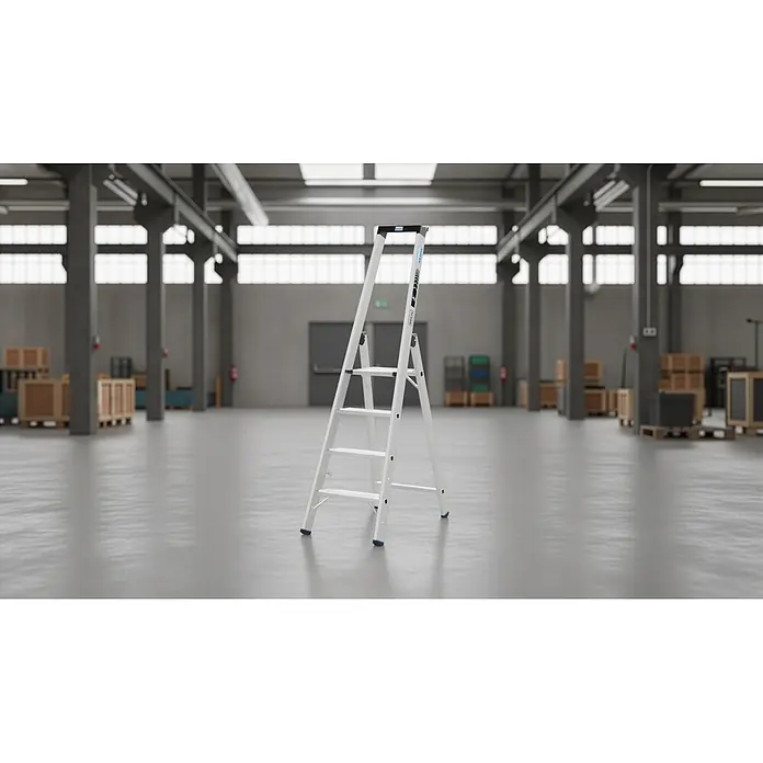 Krause Stehleiter XL 1x6 - Anzahl Tritte: 6 Stk., Arbeitshöhe: 230 cm, Belastbarkeit: 225 kg, Aluminium - Weiße Aluminium-Klappleiter mit blauen Akzenten, in einem Lagerhaus stehend.
