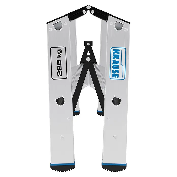 Krause Doppel-Klapptritt XL 2x2 - Anzahl Tritte: 4 Stk., Belastbarkeit: 225 kg, Aluminium - Silberne Aluminium-Klappleiter mit schwarzen Akzenten, Tragfähigkeit 225 kg. Blaue rutschfeste Füße.