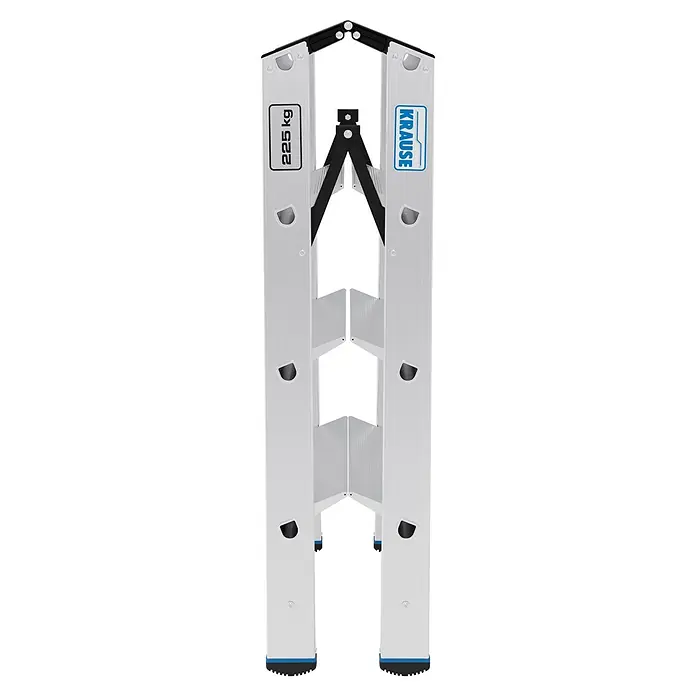 Krause Doppel-Klapptritt 2X4 Stufen - Anzahl Tritte: 8 Stk., Belastbarkeit: 225 kg, Aluminium - Silberne Aluminium-Mehrzweckleiter mit schwarzen Gelenken und blau akzentuierten Füßen, bis 225 kg belastbar.