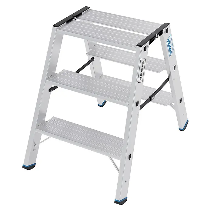 Krause Doppel-Klapptritt 2X3 Stufen - Anzahl Tritte: 6 Stk., Belastbarkeit: 225 kg, Aluminium - Aluminium-Klapptritt in Silber mit schwarzen und blauen Akzenten, belastbar bis 225 kg.