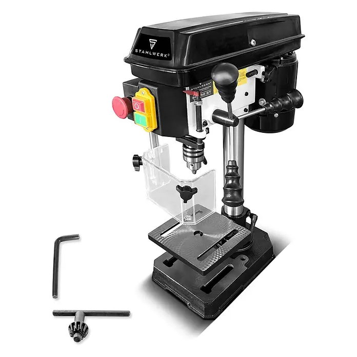 STAHLWERK Bohrmaschine BD-350 ST Säulenbohrmaschine 350W Leistung - 350 W, Sonstige - Schwarze und silberne STAHLWERK Tischbohrmaschine mit Schutzvorrichtung, Bohrfutterschlüssel und Inbusschlüssel.