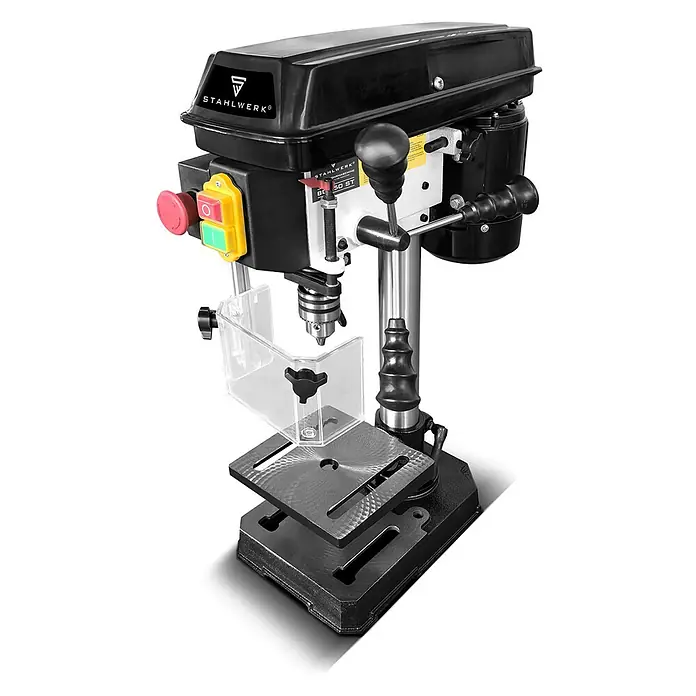 STAHLWERK Bohrmaschine BD-350 ST Säulenbohrmaschine 350W Leistung - 350 W, Sonstige - Schwarz-weiße Stahlwerk Ständerbohrmaschine mit transparentem Schutz und verstellbarem Arbeitstisch.