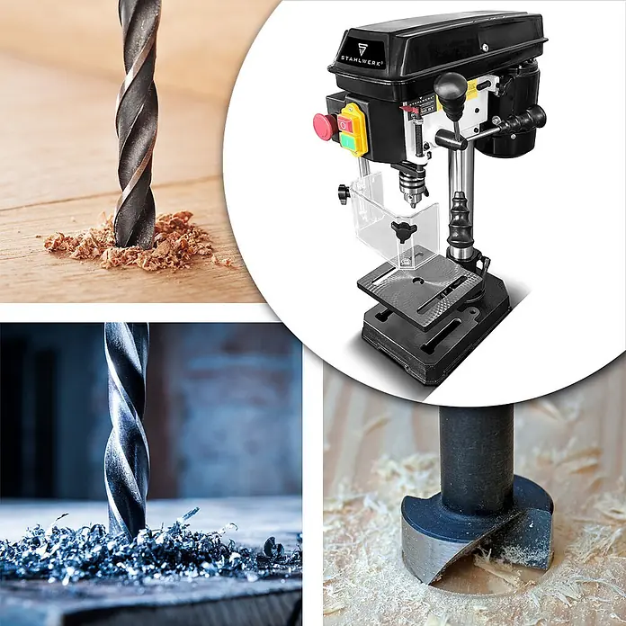 STAHLWERK Bohrmaschine BD-350 ST Säulenbohrmaschine 350W Leistung - 350 W, Sonstige - Schwarze STAHLWERK Tischbohrmaschine mit verschiedenen Bohrern beim Bohren in Holz und Metall.