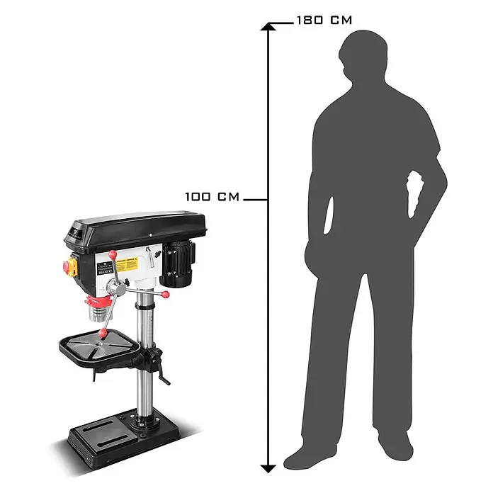 STAHLWERK Bohrmaschine BD-550 ST Säulenbohrmaschine 550W Leistung - 550 W - Schwarz-weiße Standbohrmaschine, 100 cm hoch, mit menschlicher Silhouette zur Größenansicht.