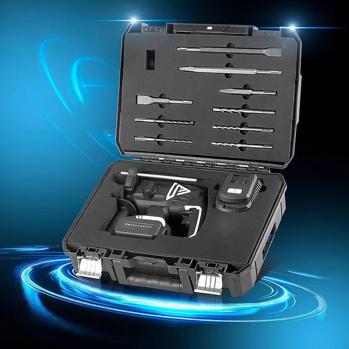 STAHLWERK Akku Bohrhammer ABH-20ST Brushless 20V/4Ah 0 - 1350 min-1 SDS-plus -  - Schwarzes STAHLWERK Bohrhammer-Set in offenem Hartschalenkoffer mit Bohrmaschine, Akku, Bohrspitzen und Meißeln.