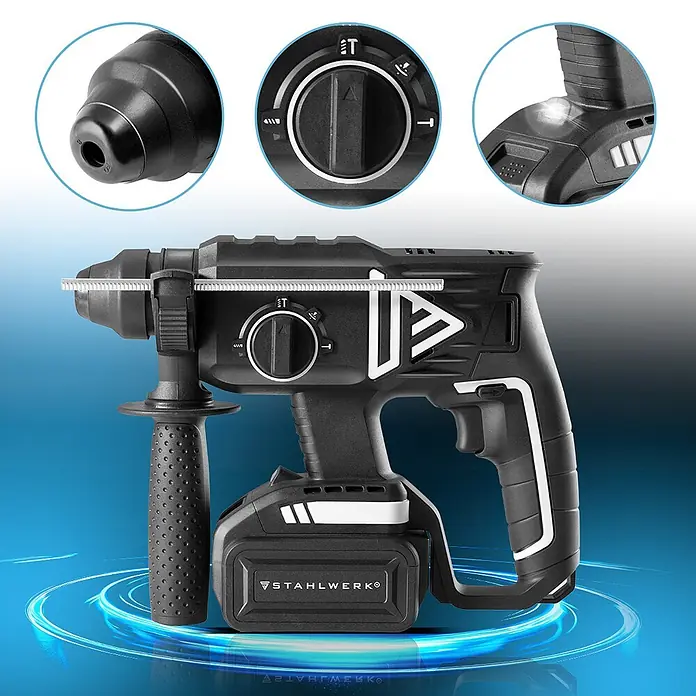 STAHLWERK Akku Bohrhammer ABH-20ST Brushless 20V/4Ah 0 - 1350 min-1 SDS-plus -  - Schwarzer Akku-Bohrhammer mit abnehmbarem Akku, verstellbarem Zusatzhandgriff und Tiefenanschlag.