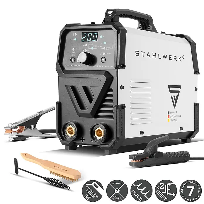STAHLWERK Kombi-Schweißgerät Schweißgerät ARC 200 Puls Pro MMA E Hand Lift TIG Pulsfunktion 200 A -  - Weiß-schwarzes Stahlwerk ARC 200 Puls Pro Inverter-Schweißgerät mit Digitalanzeige und Zubehör.