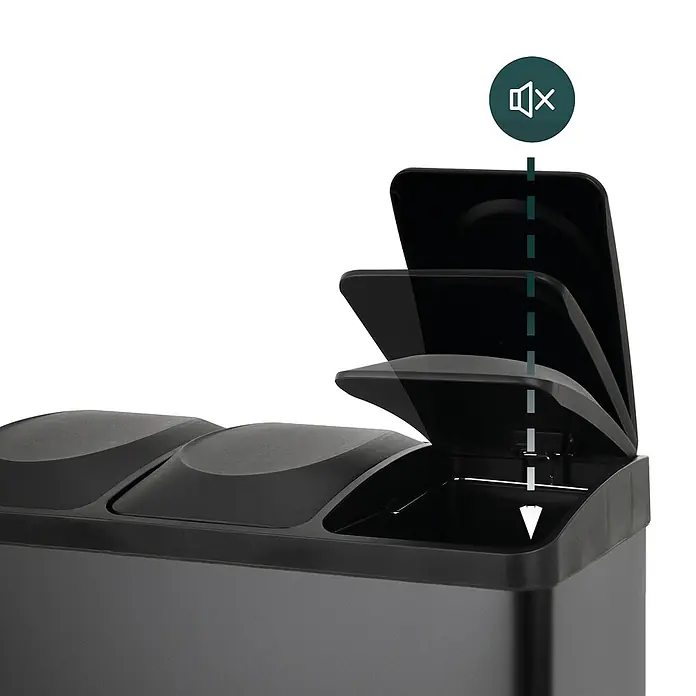 SVITA Treteimer TC3X15 - 45 l, Stahl, Schwarz - Schwarzer Mehrfach-Mülleimer mit Soft-Close-Deckel, der den leisen Schließmechanismus zeigt.