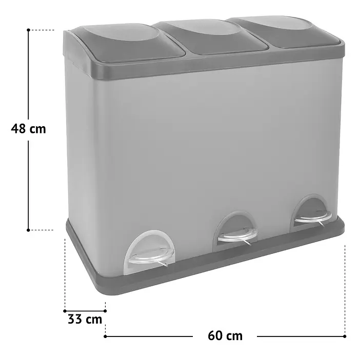 SVITA Treteimer TC3X15 - 45 l, Stahl, Schwarz - Grauer dreifach-Mülleimer aus Kunststoff mit Pedalfunktion, 48x60x33 cm.