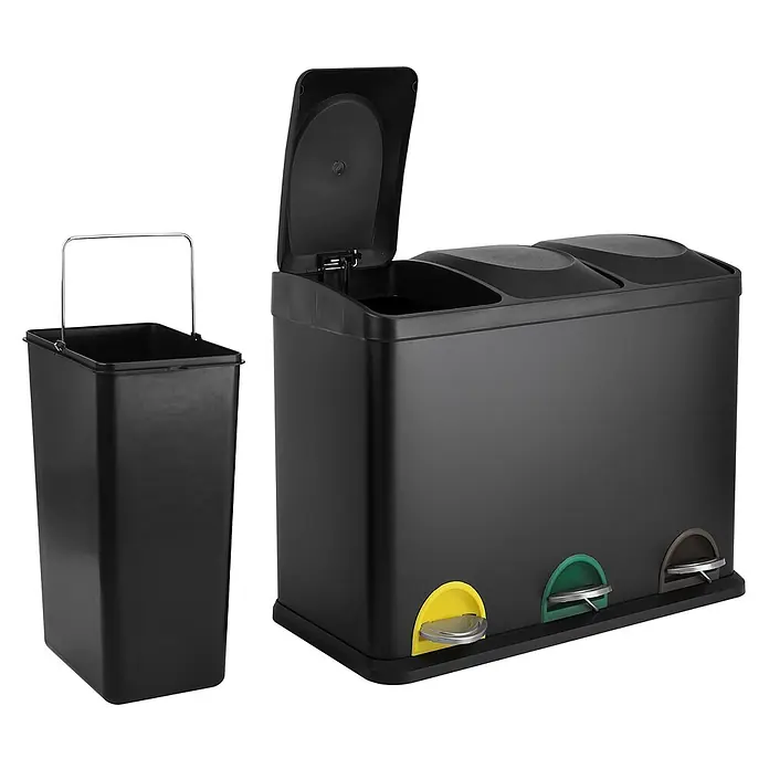 SVITA Treteimer TC3X15 - 45 l, Stahl, Schwarz - Schwarzer Dreifach-Tretmülleimer mit farbigen Pedalen und separatem Inneneimer.