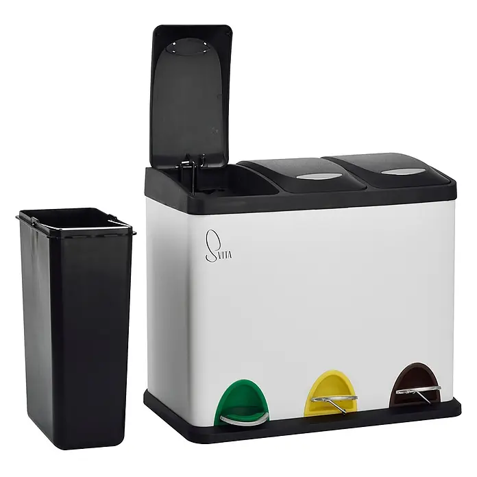 SVITA Treteimer TC3X8 - 24 l, Stahl, Weiß - Weißer und schwarzer Drei-Fach-Tretmülleimer zum Recycling mit grünen, gelben und braunen Pedalen, dazu ein separater schwarzer Innenbehälter.