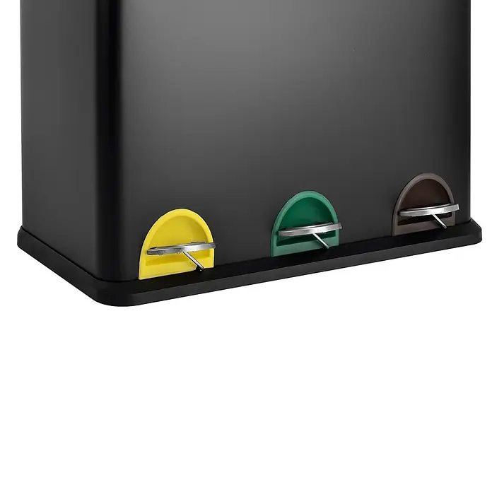 SVITA Treteimer TC3X15 - 45 l, Stahl, Schwarz - Schwarzer Treteimer mit mehreren Fächern und gelben, grünen und braunen Pedalen zur Mülltrennung.