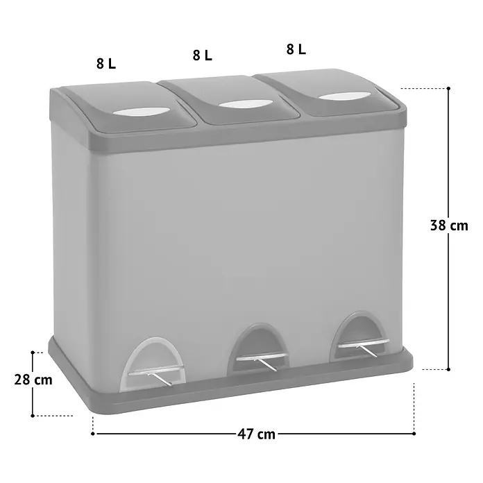 SVITA Treteimer TC3X8 - 24 l, Stahl, Weiß - Grauer Dreifach-Treteimer mit drei 8L-Fächern.