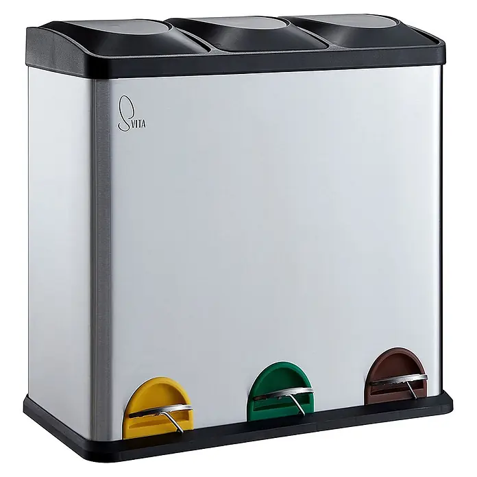 SVITA Treteimer TC3X20 - 60 l, Edelstahl, Silber - Dreifacher Treteimer aus Edelstahl mit schwarzem Deckel und gelben, grünen, braunen Pedalen zur Mülltrennung.
