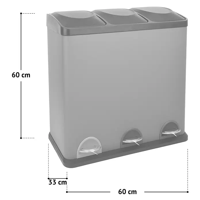 SVITA Treteimer TC3X20 - 60 l, Edelstahl, Silber - Grauer Dreifach-Tretmülleimer mit drei Fächern zur Mülltrennung. Maße: 60 cm H x 60 cm B x 33 cm T.