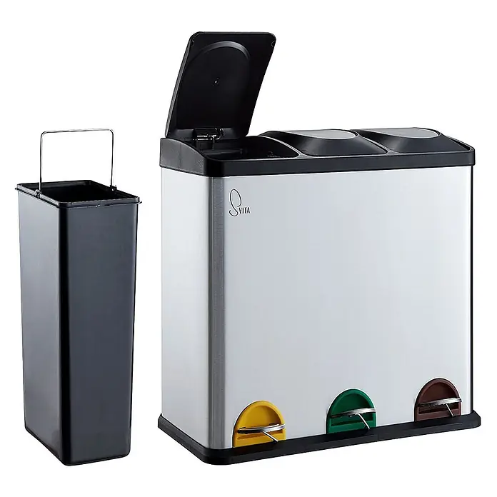 SVITA Treteimer TC3X20 - 60 l, Edelstahl, Silber - Dreifach-Mülleimer aus Edelstahl mit schwarzem Deckel und drei farbigen Fußpedalen. Ein schwarzer Inneneimer ist daneben abgebildet.