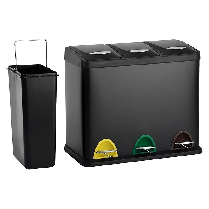 SVITA Treteimer TC3X8 - 24 l, Stahl, Schwarz - Schwarzer 3-fach-Mülleimer mit Pedalen zur Mülltrennung, gelben, grünen, braunen Pedalen und einem separaten Inneneimer.
