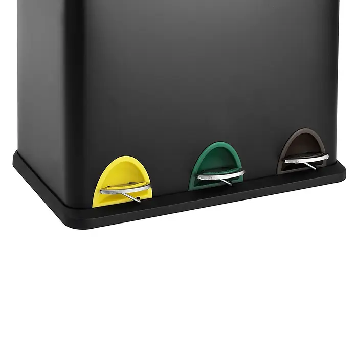 SVITA Treteimer TC3X8 - 24 l, Stahl, Schwarz - Schwarzer Mülleimer mit mehreren Fächern und gelben, grünen und braunen Fußpedalen.
