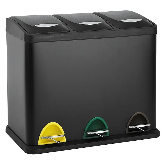 SVITA Treteimer TC3X8 - 24 l, Stahl, Schwarz - Schwarzer Treteimer mit drei Fächern zur Mülltrennung, mit gelben, grünen und braunen Pedalen.