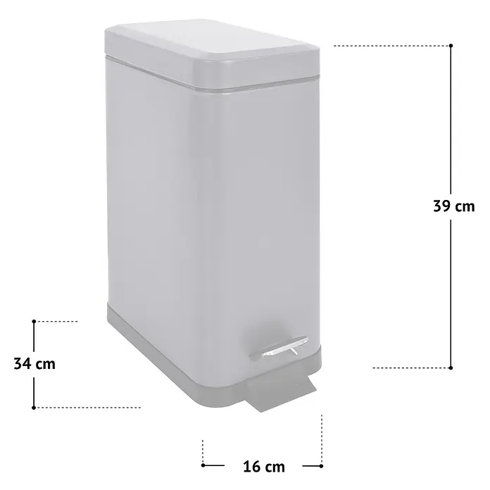 SVITA Treteimer STM10 - 10 l, Stahl, Weiß - Hellgrauer rechteckiger Treteimer mit Deckel, Maße: 39cm hoch, 16cm breit, 34cm tief.