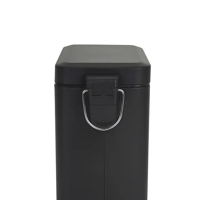SVITA Treteimer STM10 - 10 l, Stahl, Schwarz - Schwarzer rechteckiger Abfalleimer mit einem silberfarbenen Metallgriff vorne.