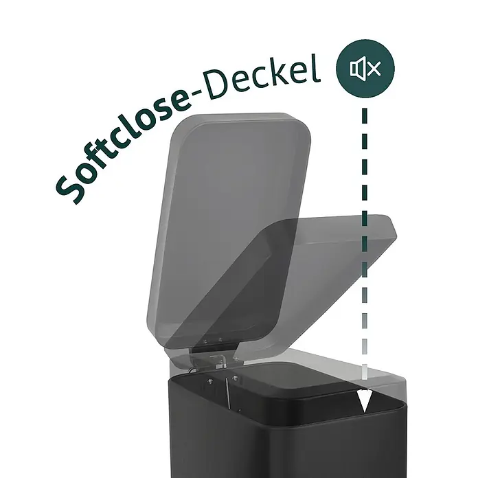 SVITA Treteimer STM10 - 10 l, Stahl, Schwarz - Schwarzer Mülleimer mit grauem Softclose-Deckel, dargestellt mit leisem Schließmechanismus.