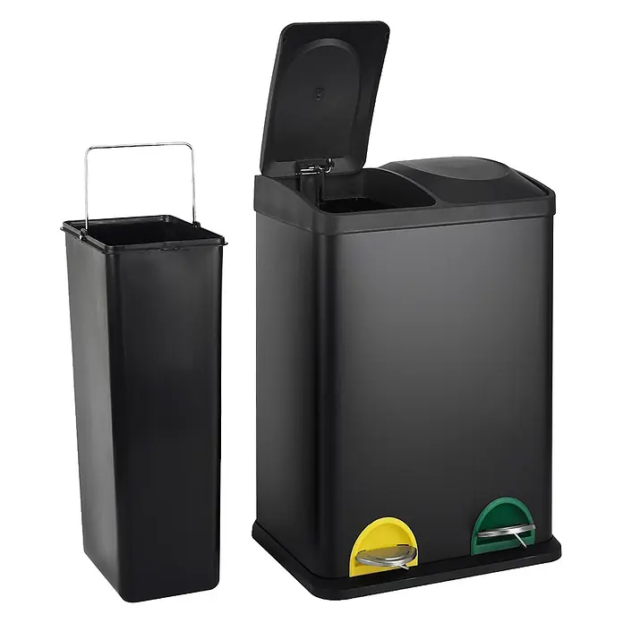 SVITA Treteimer TC2X20 - 40 l, Stahl, Schwarz - Schwarzer Doppel-Tretmülleimer mit offenem Deckel, gelben und grünen Pedalen. Enthält einen separaten schwarzen Innenbehälter mit Griff.