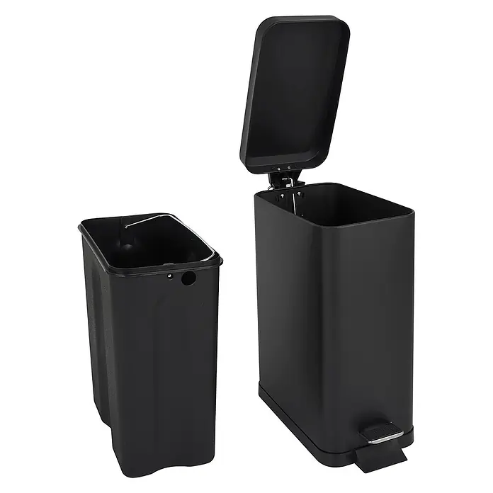 SVITA Treteimer STM10 - 10 l, Stahl, Schwarz - Schwarzer rechteckiger Treteimer mit geöffnetem Deckel und herausnehmbarem schwarzem Inneneimer.