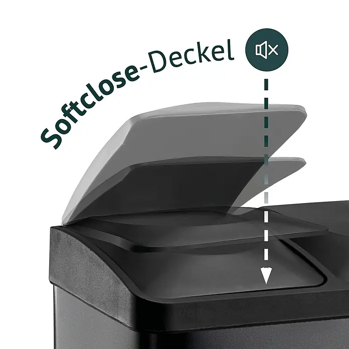 SVITA Treteimer TC2X20 - 40 l, Stahl, Schwarz - Schwarzer Softclose-Deckel eines Abfalleimers, der ein leises, langsames Schließen demonstriert.