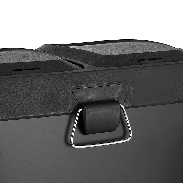 SVITA Treteimer TC2X20 - 40 l, Stahl, Schwarz - Nahaufnahme einer schwarzen, texturierten Kunststoff-Aufbewahrungsbox mit silbernem Metallgriff und schwarzem Gummigriff.