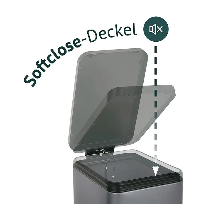 SVITA Treteimer STM18 - 18 l, Stahl, Grau - Dunkelgrauer Behälter mit Softclose-Deckel, der geräuschlos schließt, angedeutet durch ein Lautlos-Symbol.