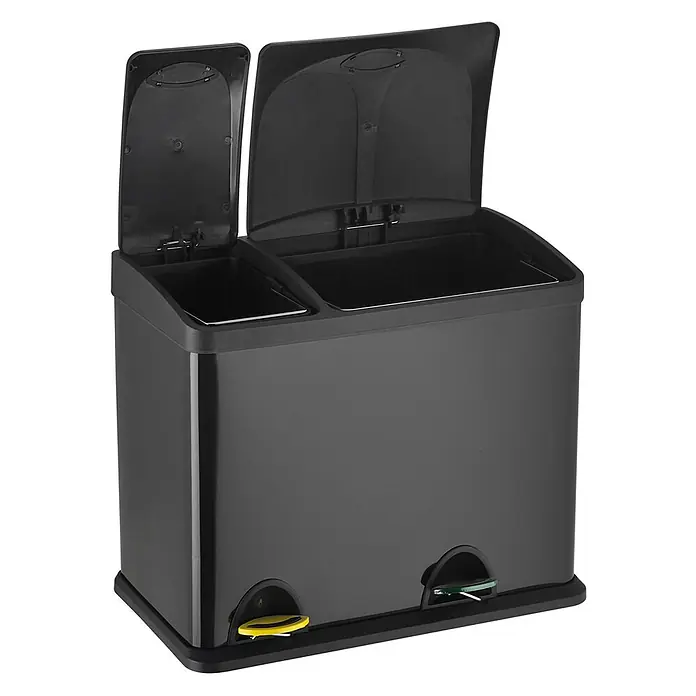 SVITA Treteimer TC2Combo26 - 26 l, Stahl, Schwarz - Ein schwarzer Zwei-Kammer-Treteimer mit geöffneten Deckeln, der zwei Innenbehälter und gelbe und grüne Fußpedale zeigt.
