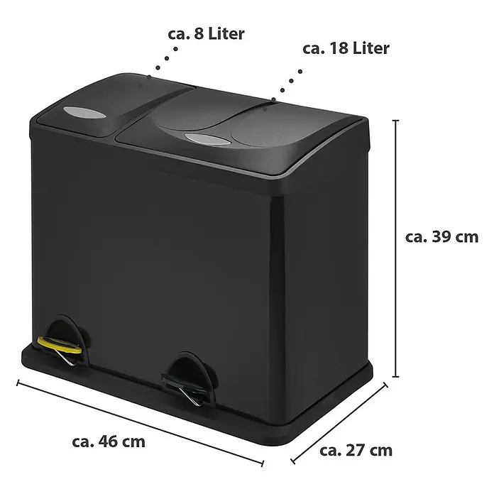 SVITA Treteimer TC2Combo26 - 26 l, Stahl, Schwarz - Schwarzer Dual-Tretmülleimer zur Mülltrennung, mit 8L und 18L Fächern. Maße ca. 46x27x39 cm.