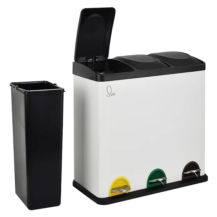SVITA Treteimer TC3X20 - 60 l, Stahl, Weiß - Weißer Mehrfach-Treteimer mit schwarzem Deckel und gelben, grünen, braunen Pedalen. Ein schwarzer Inneneimer ist daneben abgebildet.
